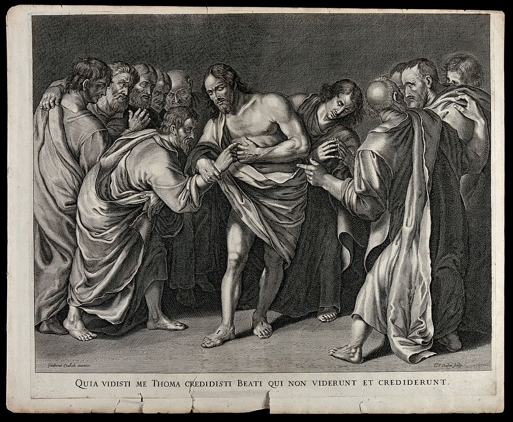 Christ appearing to the apostle Thomas, who touches his stigmata. Engraving by C. van Dalen after W-P. Crabeth.