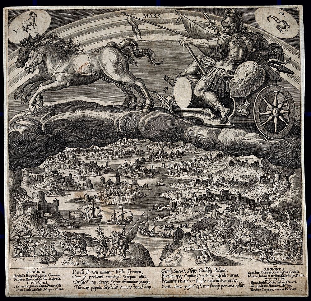 Mars in his chariot. Engraving by J. Sadeler after M. de Vos.