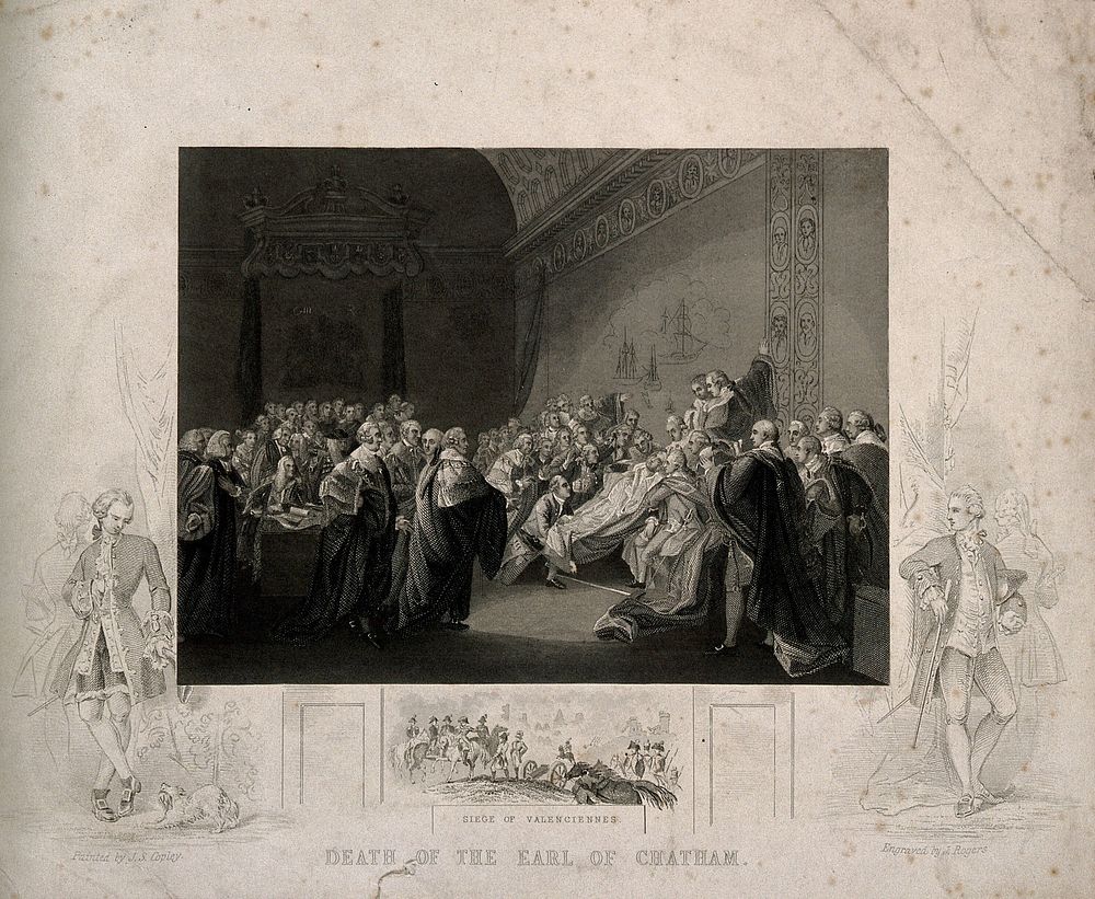 The death of William Pitt, Lord Chatham, in the Upper Chamber of the Palace of Westminster, 1778. Engraving by J. Rogers…