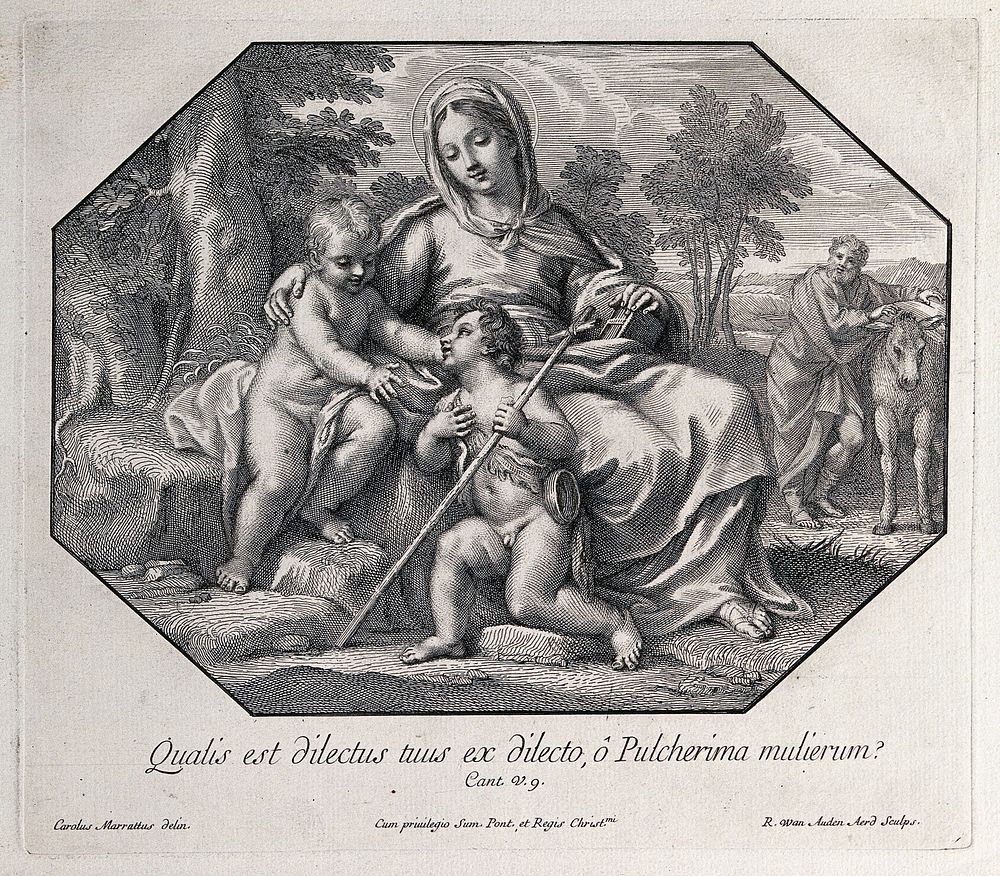 Saint Mary (the Blessed Virgin) and Saint Joseph with the Christ Child and Saint John the Baptist. Engraving by R. van…