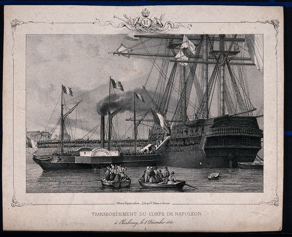 The transport of the body of Napoleon Bonaparte on to a ship. Lithograph by J. Arnout after V.J. Adam.