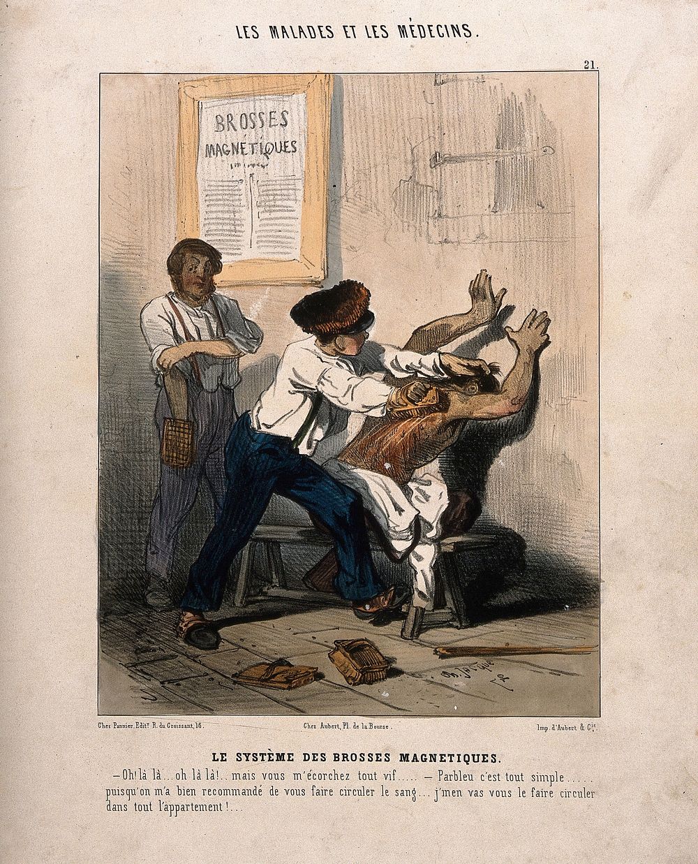 A man is violently rubbed with magnets. Coloured lithograph by C. Jacque, c. 1843.
