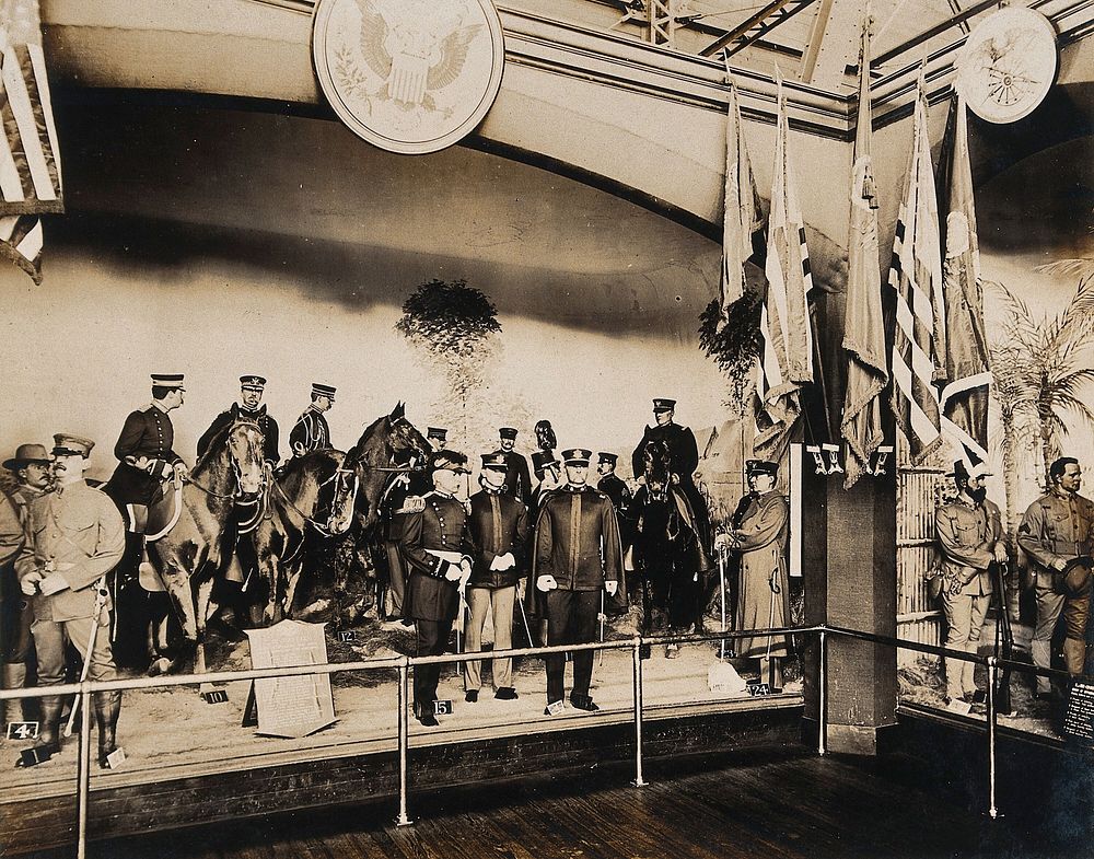 The 1904 World's Fair, St. Louis, Missouri: an exhibit of United States military uniforms: models of men and horses.…