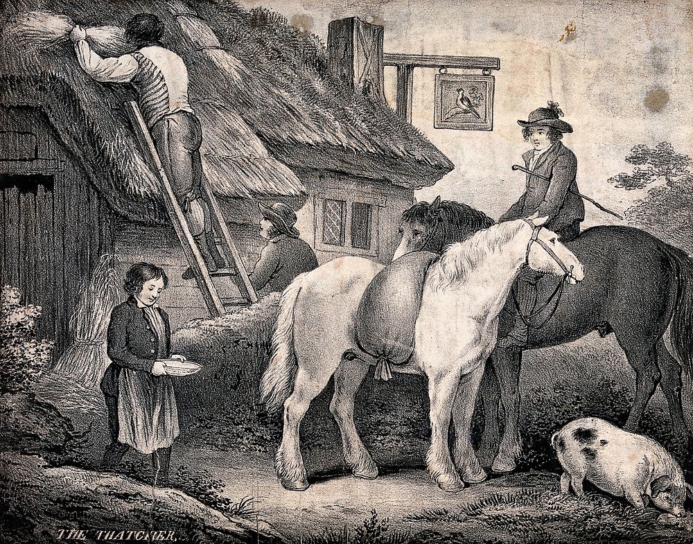A man is thatching the roof of a cottage as a boy brings a bowl of water for the horses to drink. Lithograph after George…