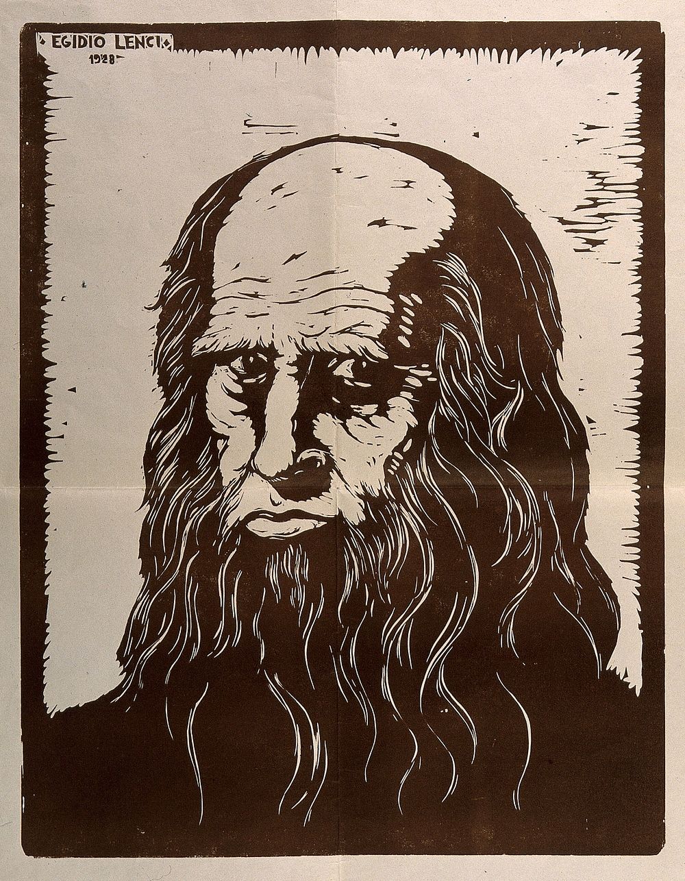 Leonardo da Vinci. Reproduction of woodcut by E. Lenci, 1928.