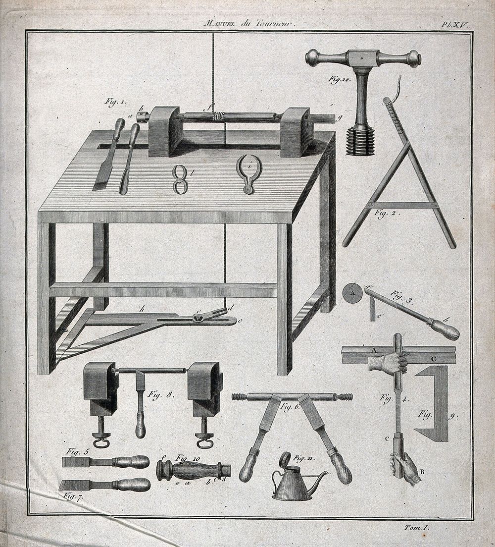 Carpentry: a treadle-operated lathe, and assortment of tools. Wood engraving by N. L. Rousseau [].
