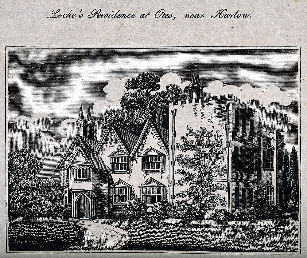 Otes Manor House in Harlow, where John Locke spent the last fourteen years of his life. Etching.