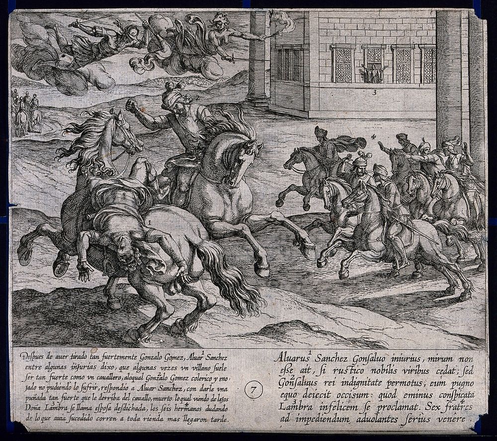 A duel on horseback between Alvar Sánchez and Gonzalo Gomez, watched by Doña Lambra: Alvar Sánchez is killed. Etching by A.…