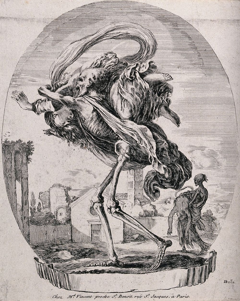 Death carries a woman over his shoulders. Etching by Stefano della Bella.