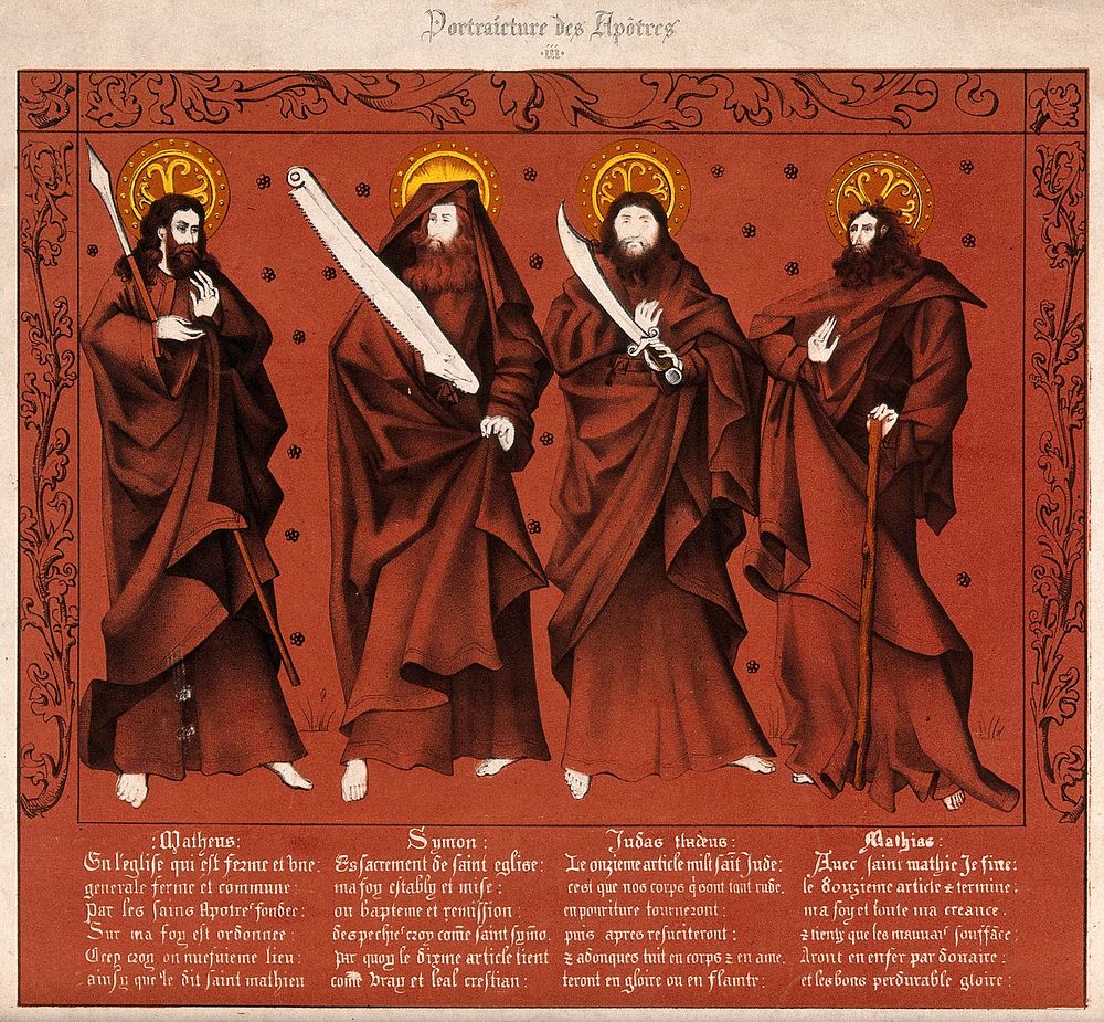 Saint Matthew, Saint Simon, Saint Jude Thaddeus and Saint Matthias. Colour lithograph.