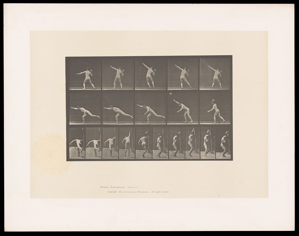 A naked man throws a rock with his right hand, briefly jumping as he does, landing on his right leg, leaning forwards, his…