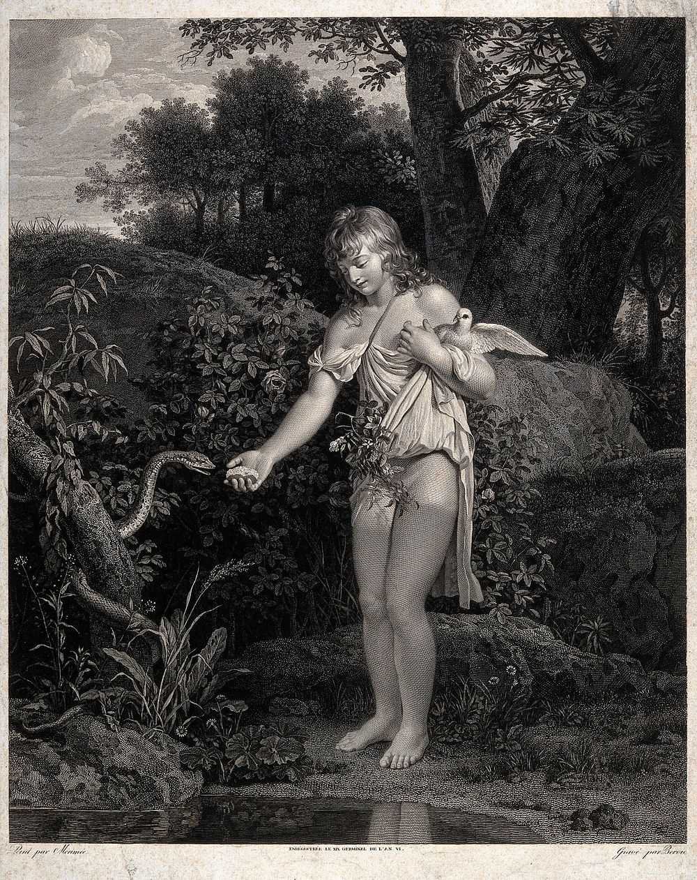 A half-naked youth offers food to a snake coiled round a tree trunk. Engraving by C.-C. Bervic after J.-F.-L. Mérimée, 1798.