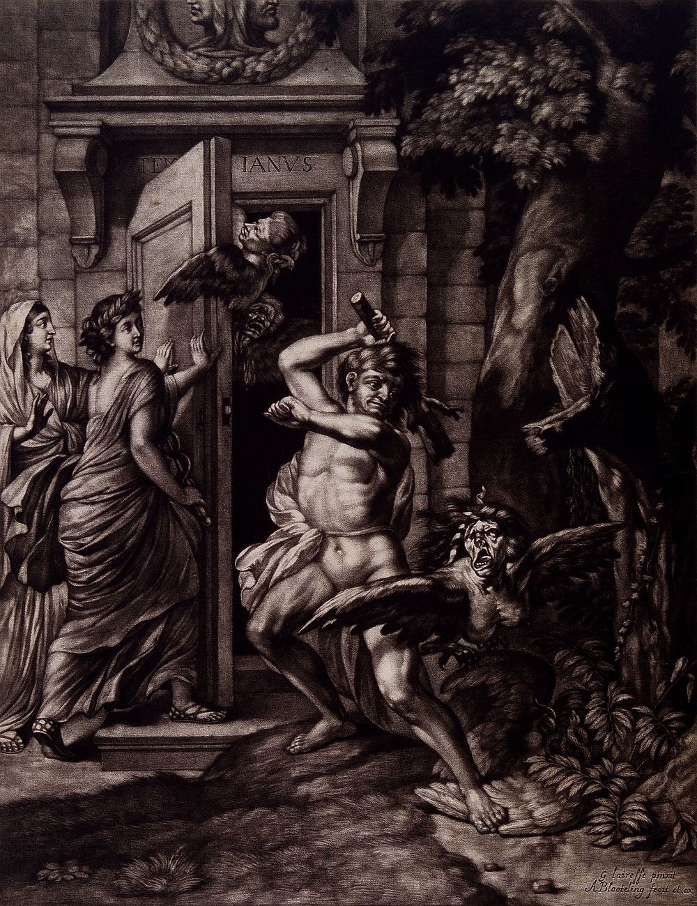 Harpies try to keep open the doors of the temple of Janus, but they are clubbed by Hercules. Mezzotint by A. Blooteling…