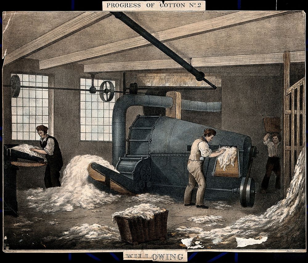 A cotton factory in which a man is feeding raw cotton into a willowing machine. Coloured lithograph after J.R. Barfoot.