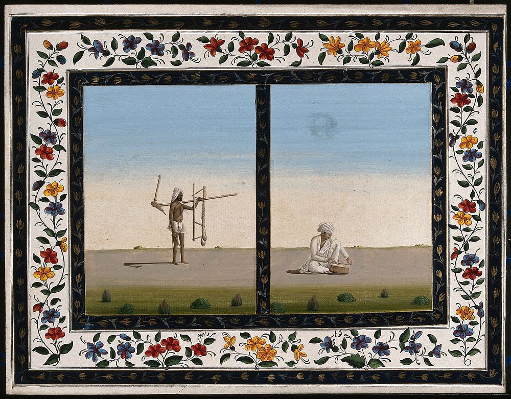 Left, a worker carrying some equipment ; right, a knife sharpener, sharpening a knife. Gouache painting by an Indian artist.