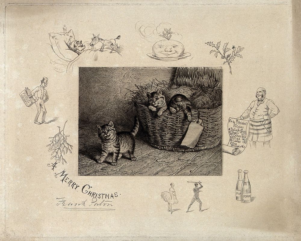 Three kittens are climbing out of a straw-filled hamper; vignettes show christmas paraphernalia, e.g. mistletoe. Etching by…