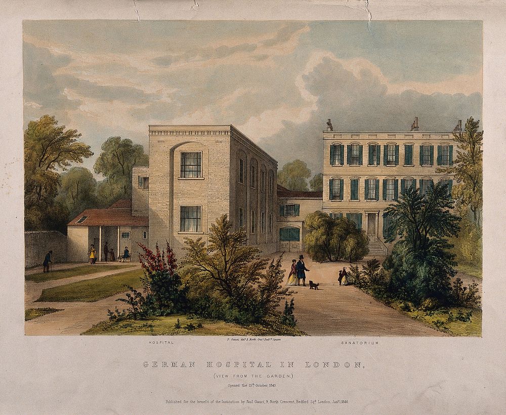 The German Hospital, Dalston, London: seen from the garden. Coloured lithograph by P. Gauci, 1846.