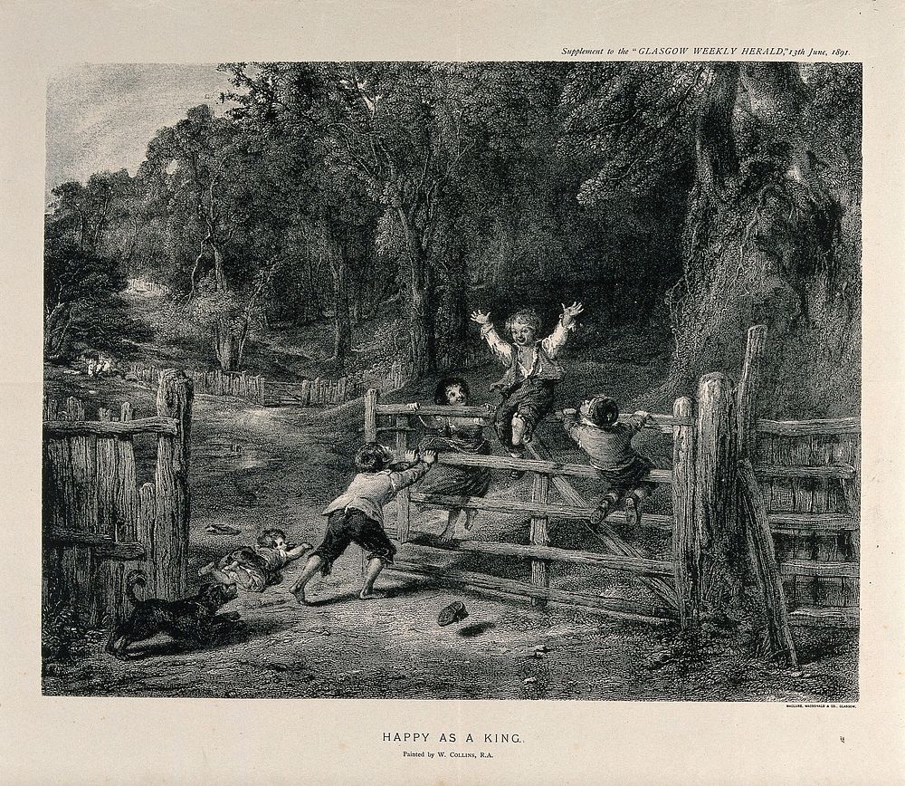 Five children play on a five-bar gate with a woodland in the background: one of the children is happy to be sitting hands…