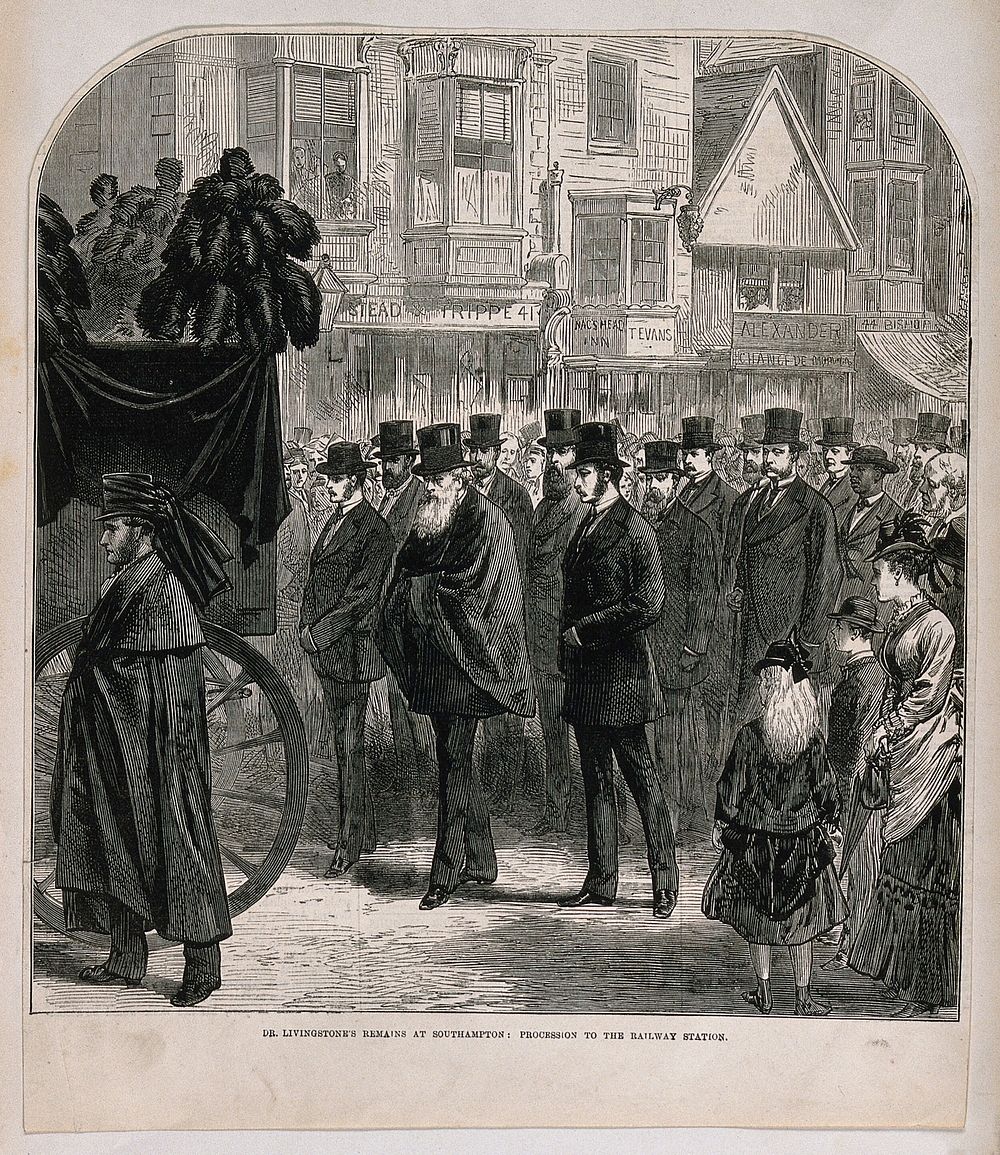David Livingstone's coffin carried in procession, at Southampton. Wood engraving.