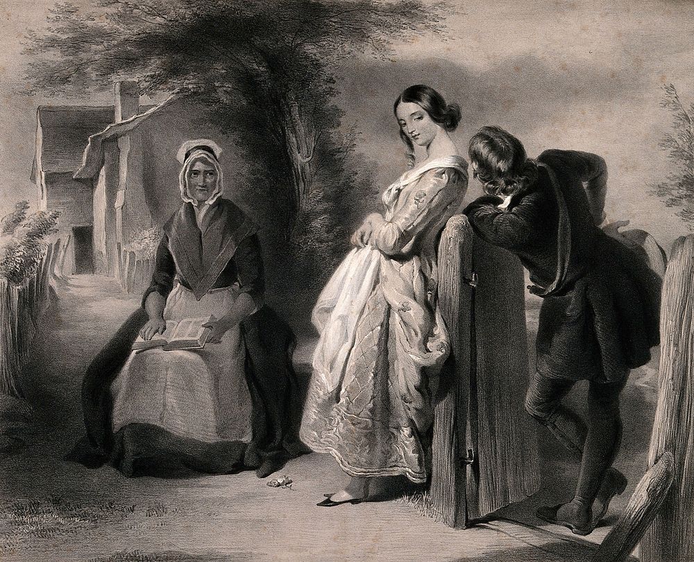 A older woman acts as chaperone to a girl who is being courted by a young man. Lithograph.