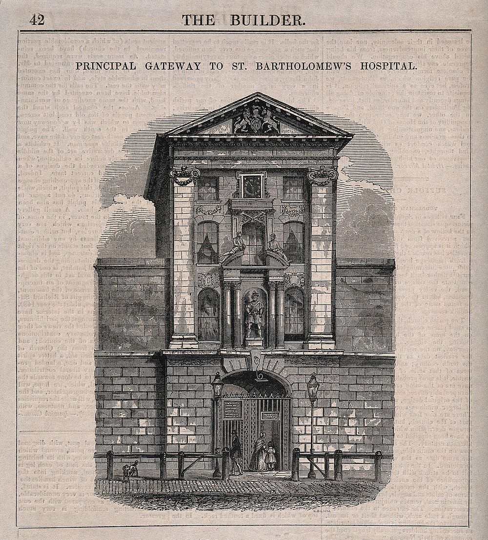 St Bartholomew's Hospital, London: Henry VIII Gate. Wood engraving by C. D. Laing.
