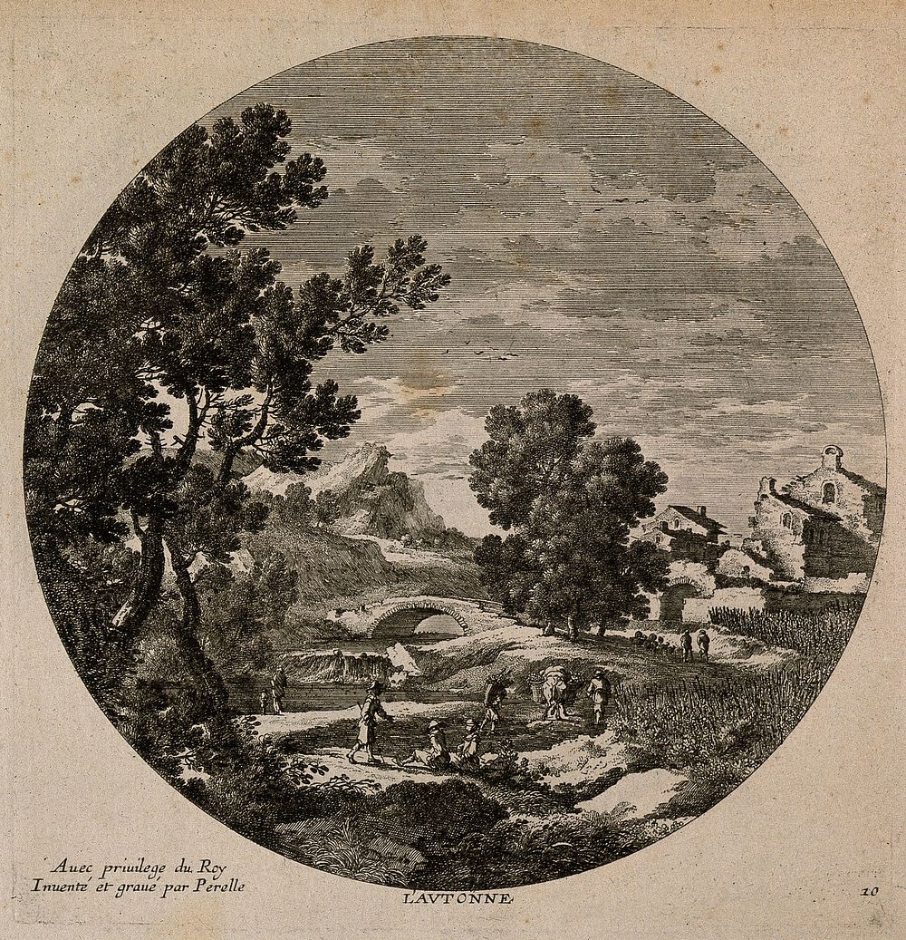 Men carry baskets while people sit by a river; representing autumn. Etching by N. Perelle after himself, 17th century.
