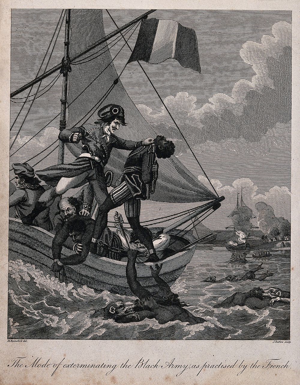 French sailors throwing manacled black soldiers off a ship into the a sea populated by large carnivorous animals. Engraving…