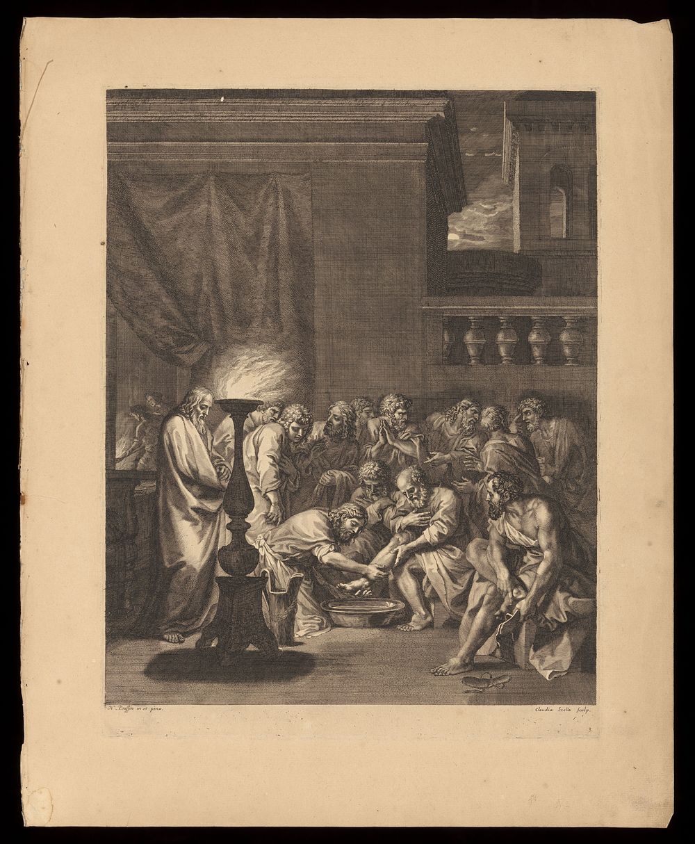 Christ washing the feet of the Apostles. Engraving by C. Bouzonnet Stella after J. Stella.