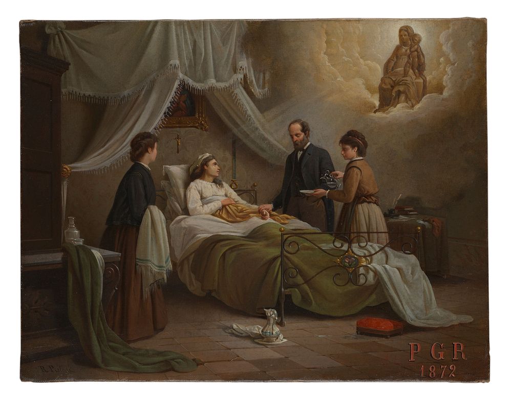 A woman in bed in a sick-room, attended by a physician, receiving the blessing of the Madonna del Parto. Oil painting by R.…