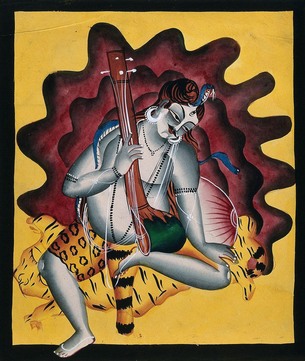 Shiva sits on a tiger skin with sitar in hand. Gouache painting by an Indian artist, 18--.