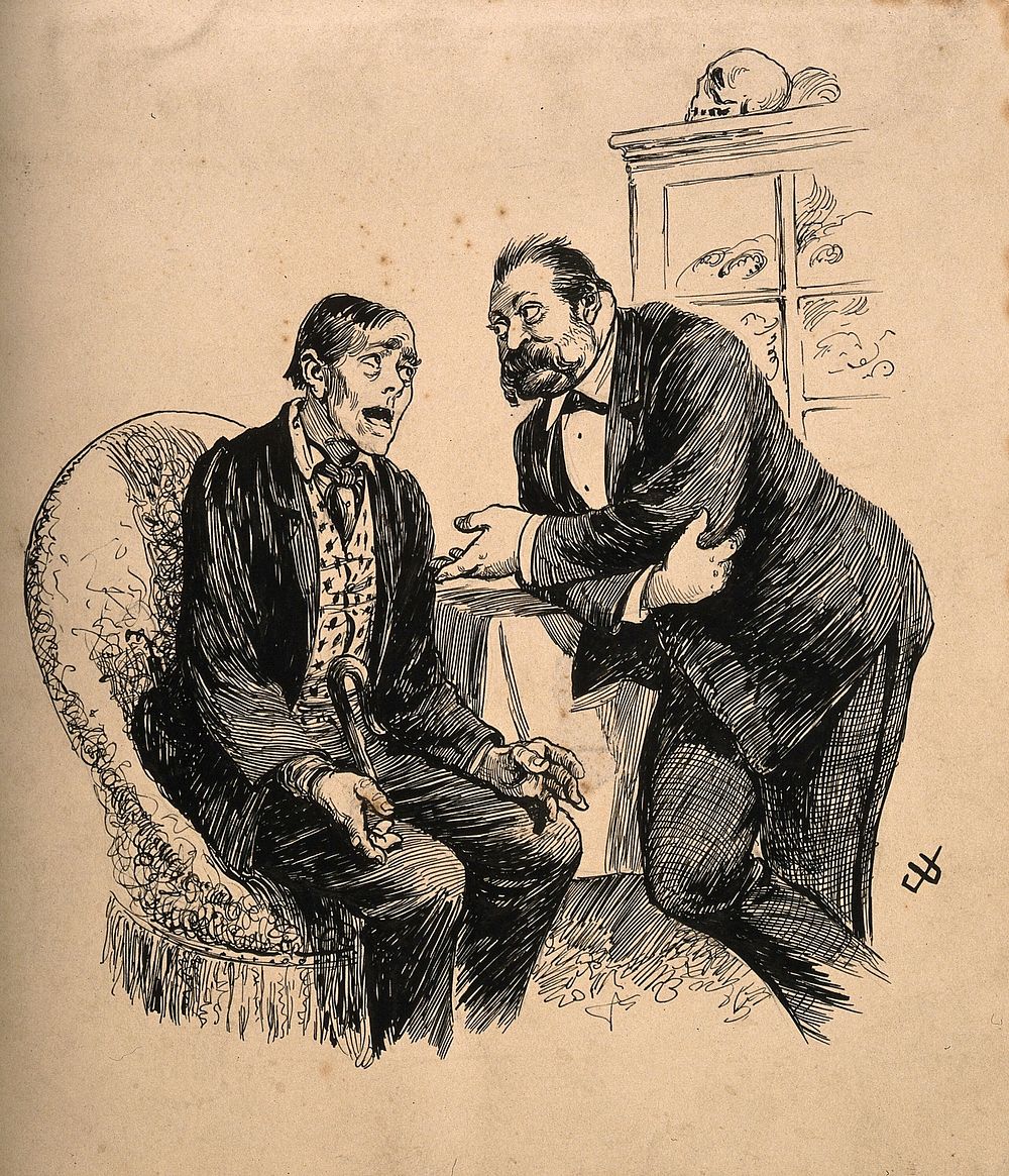 A patient consulting his friendly doctor. Pen drawing by J. Ulrich.