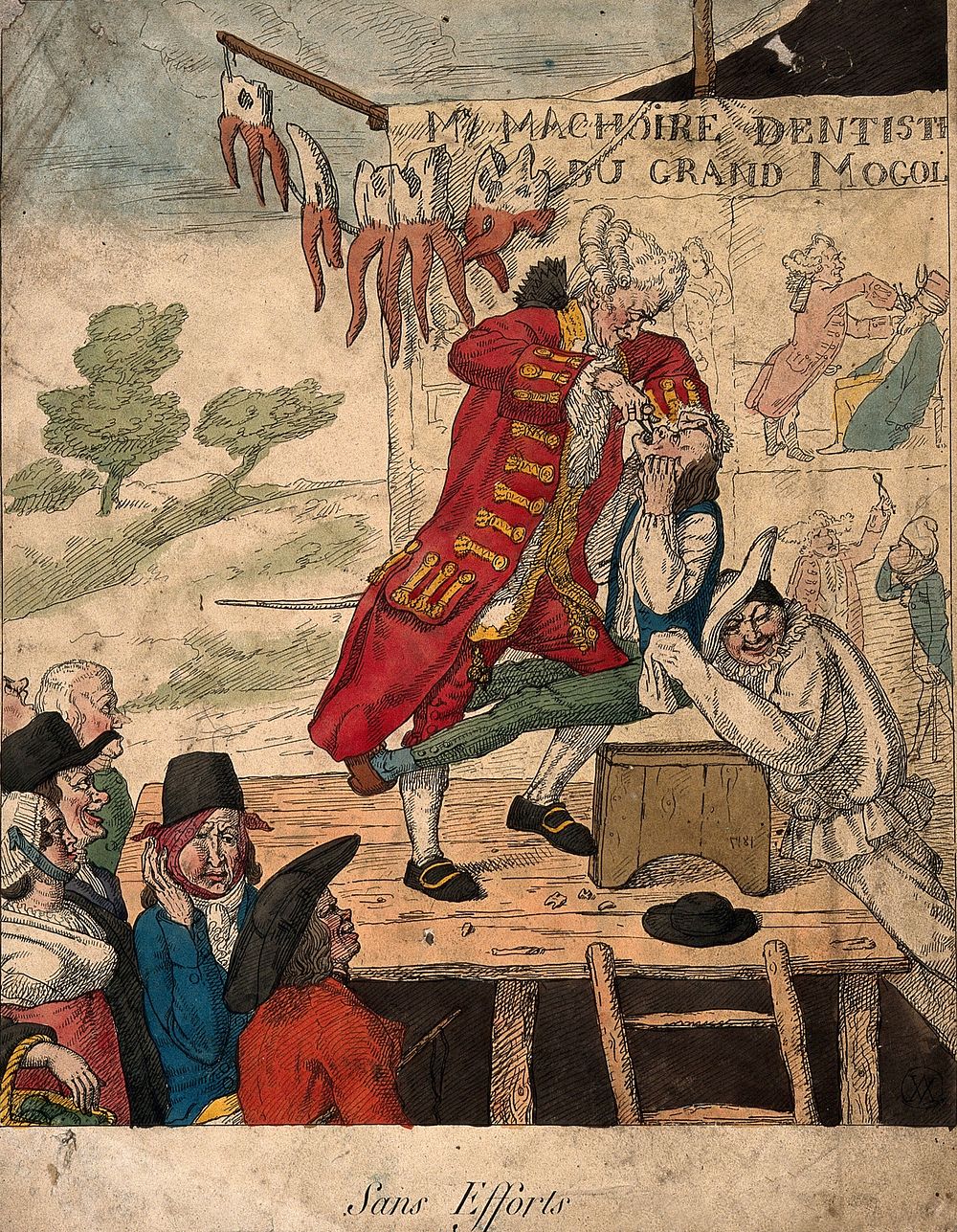 A foppish dentist on stage extracting a tooth from a patient who is being restrained by a man dressed as Pierrot. Coloured…