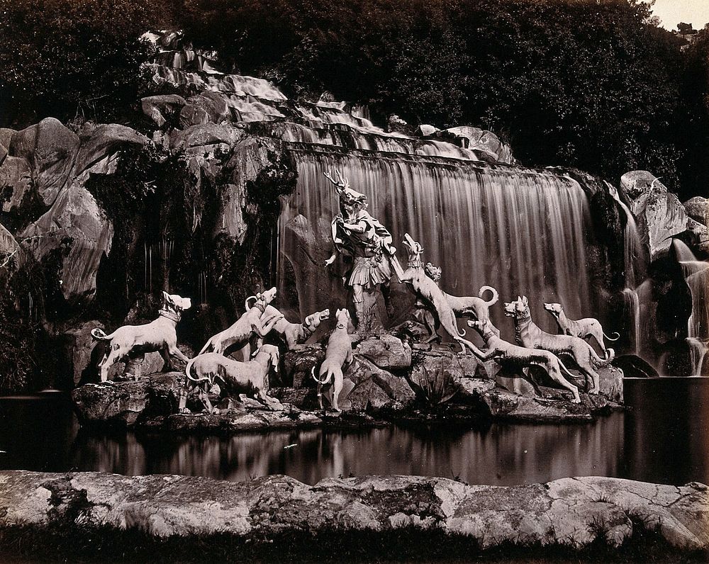 Caserta Royal Palace, Naples, Italy: Acteon attacked by his dogs: sculptures in front of a waterfall in the palace gardens.…