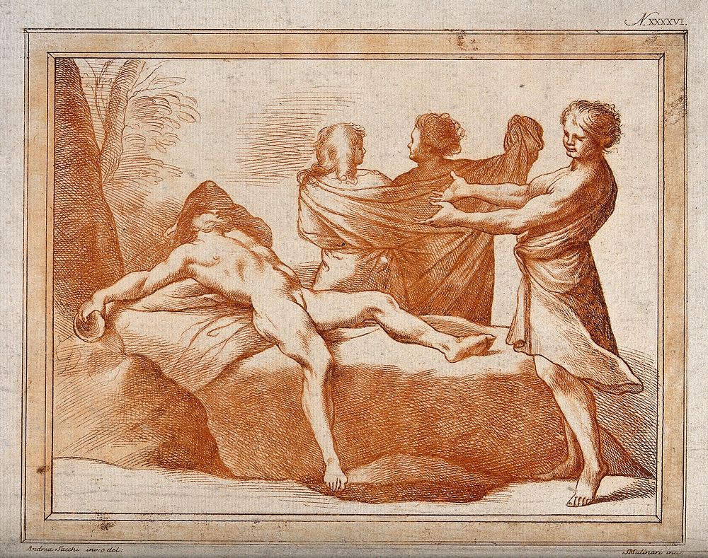 Ham sees his father, Noah, naked and drunk; Shem and Japheth turn away. Colour soft-ground etching by S. Mulinari after A.…