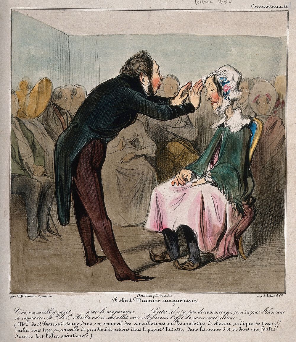 Robert Macaire mesmerises an old lady in front of an audience. Coloured lithograph by H. Daumier.