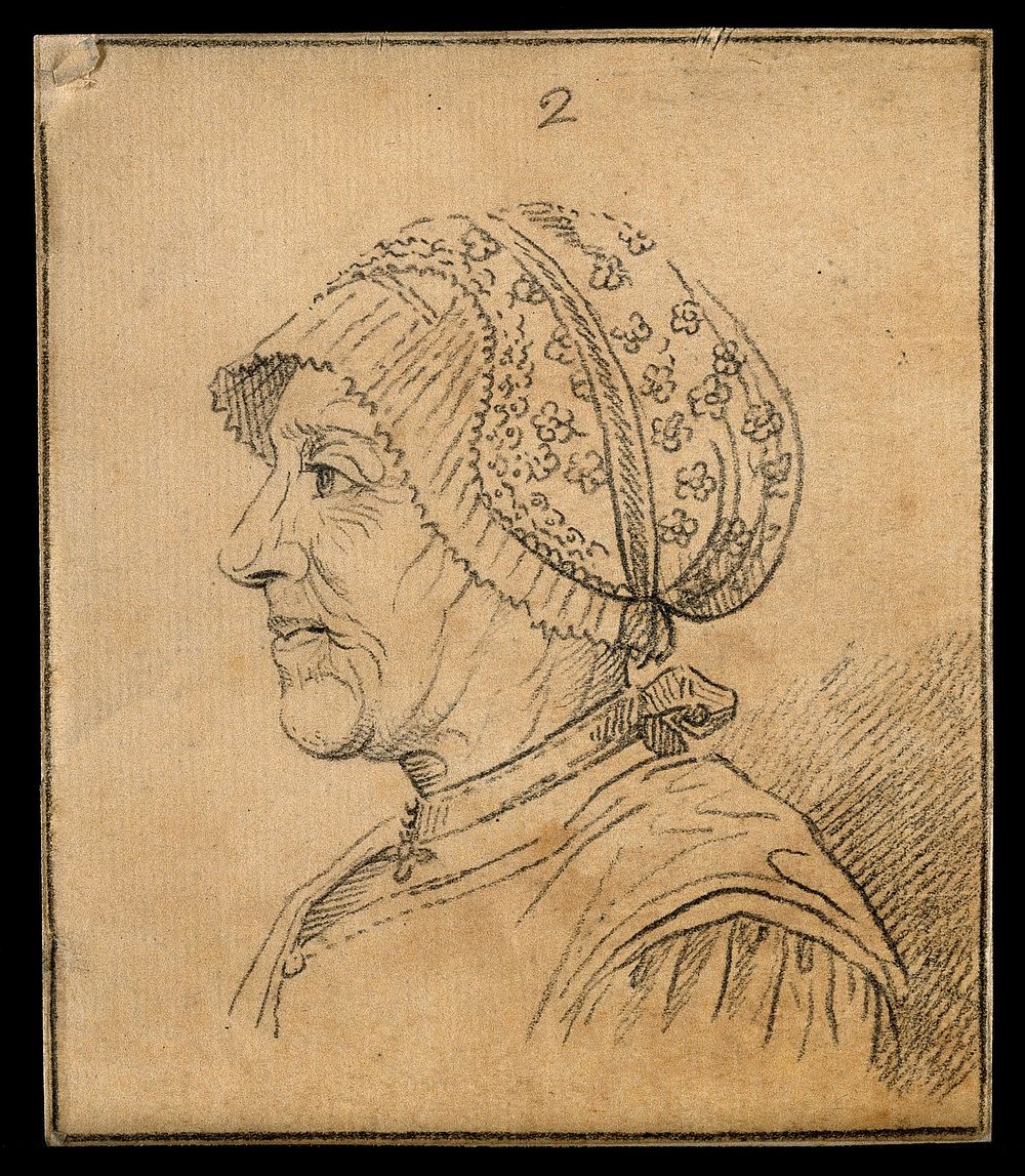 A wife, her physiognomy expressing good temper and humour according to Lavater. Drawing, c. 1789.