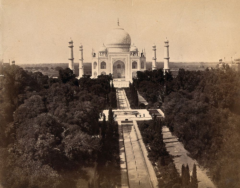 The Taj Mahal and surrounding gardens, Agra, India: aerial view. Photograph, ca. 1900.