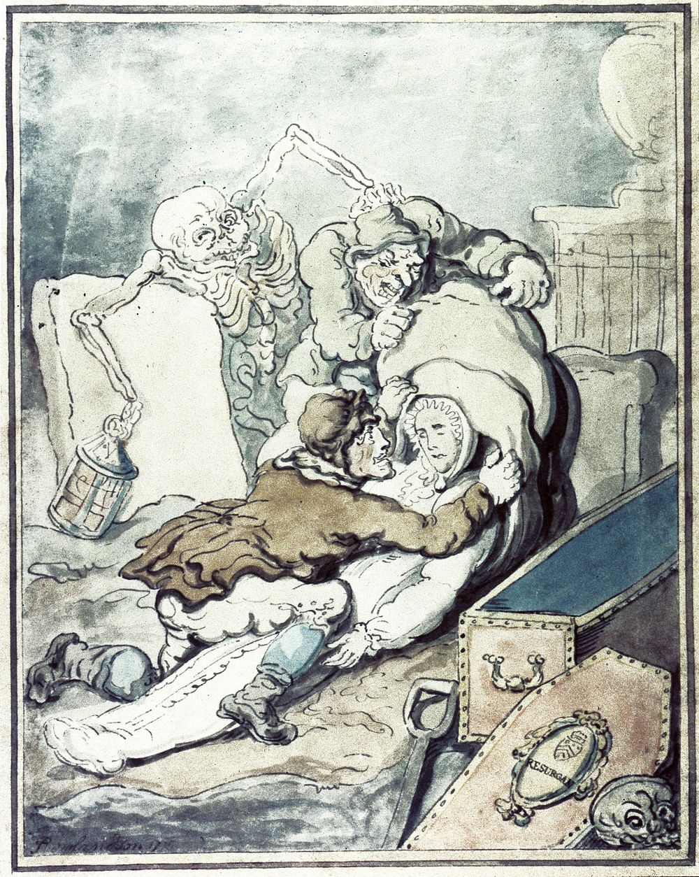 Two men placing the shrouded corpse which they have just disinterred into a sack while Death, as a nightwatchman holding a…