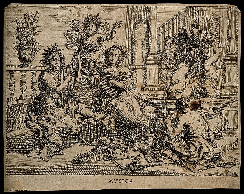 Apollo and a woman play music near a fountain, while a winged nymph sings; representing music. Etching by C. Schut after…