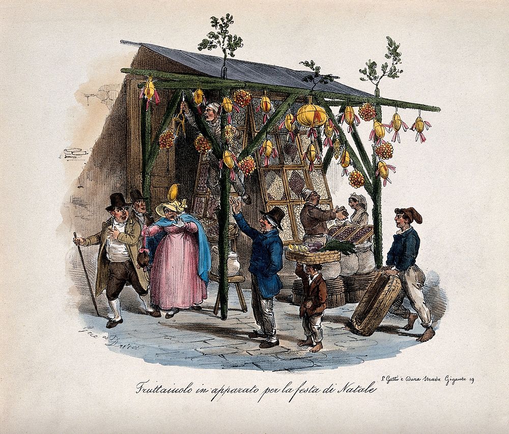 A fruit trader's stall in Naples at Christmas: by accident the fruit falls on a customer. Colour lithograph by Gatti and…