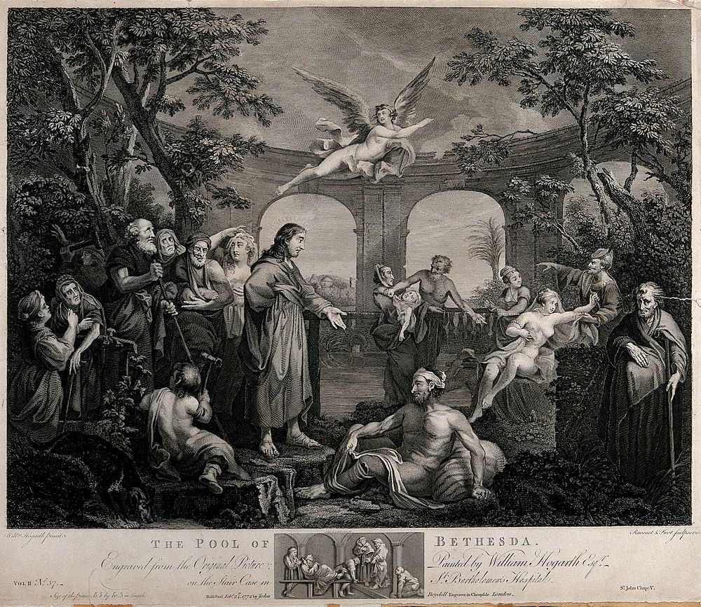 Christ cures the paralytic at the therapeutic pool of Bethesda. Engraving by S.F. Ravenet and V.M. Picot, 1772, after W.…