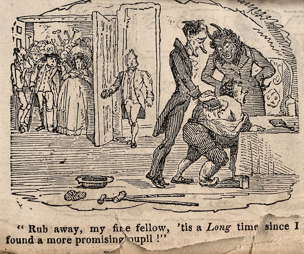 A devil overseeing a man having his back scrubbed; representing John St. John Long and his fatal method of treatment.