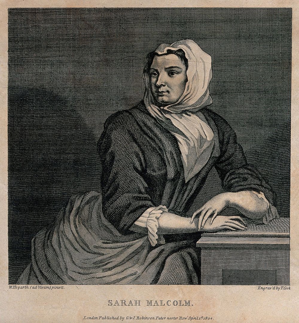 Sarah Malcolm in Newgate Prison shortly before her execution. Engraving by T. Cook after W. Hogarth.