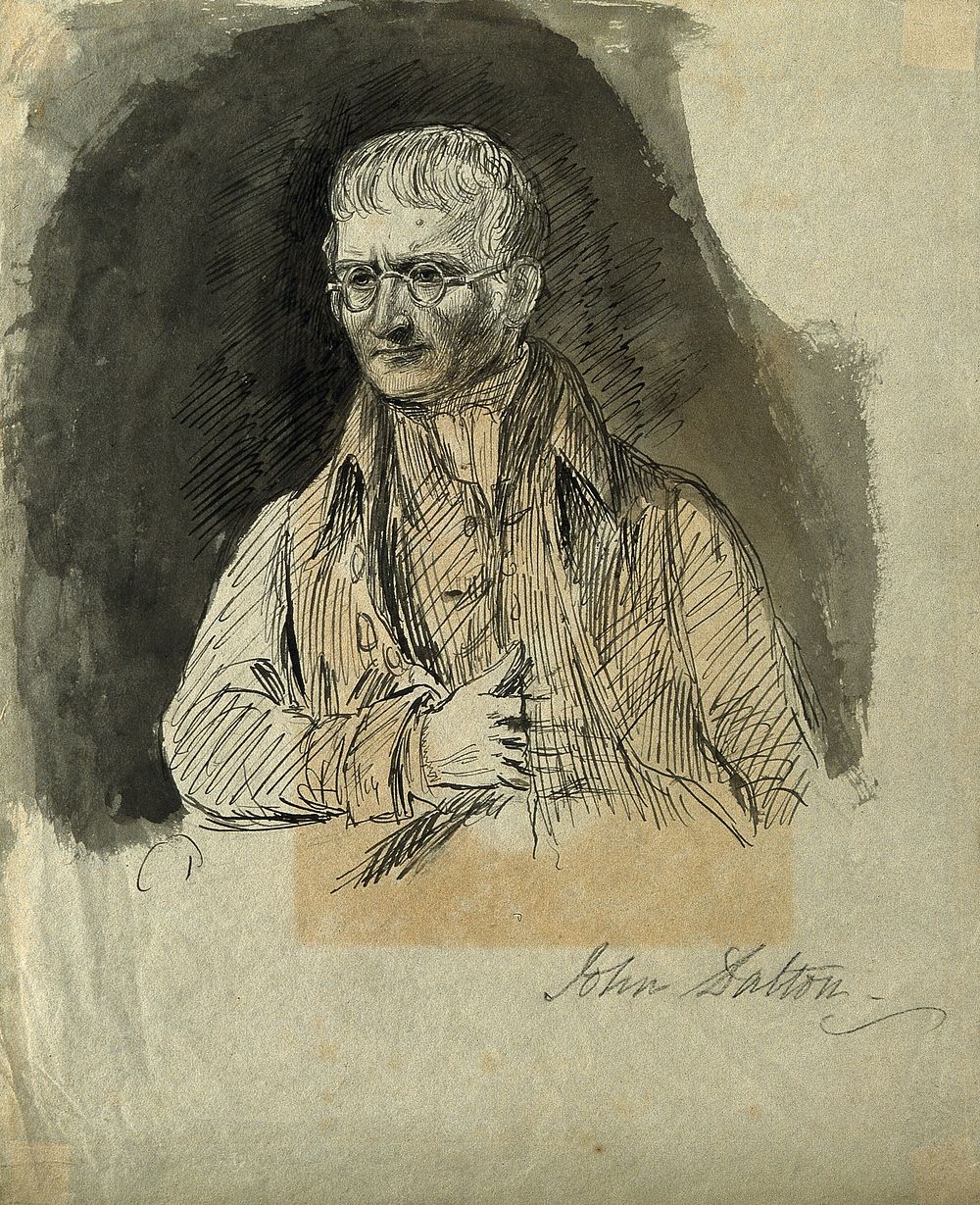 John Dalton. Pen drawing with watercolour wash.