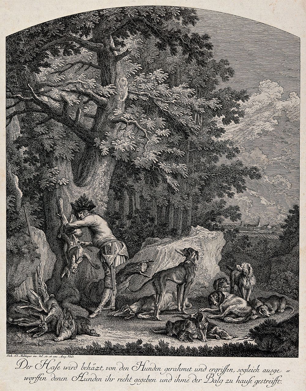 A pack of hunting dogs is resting amidst the prey on a forest-clearing while the huntsman is gutting a hare. Etching by J.…