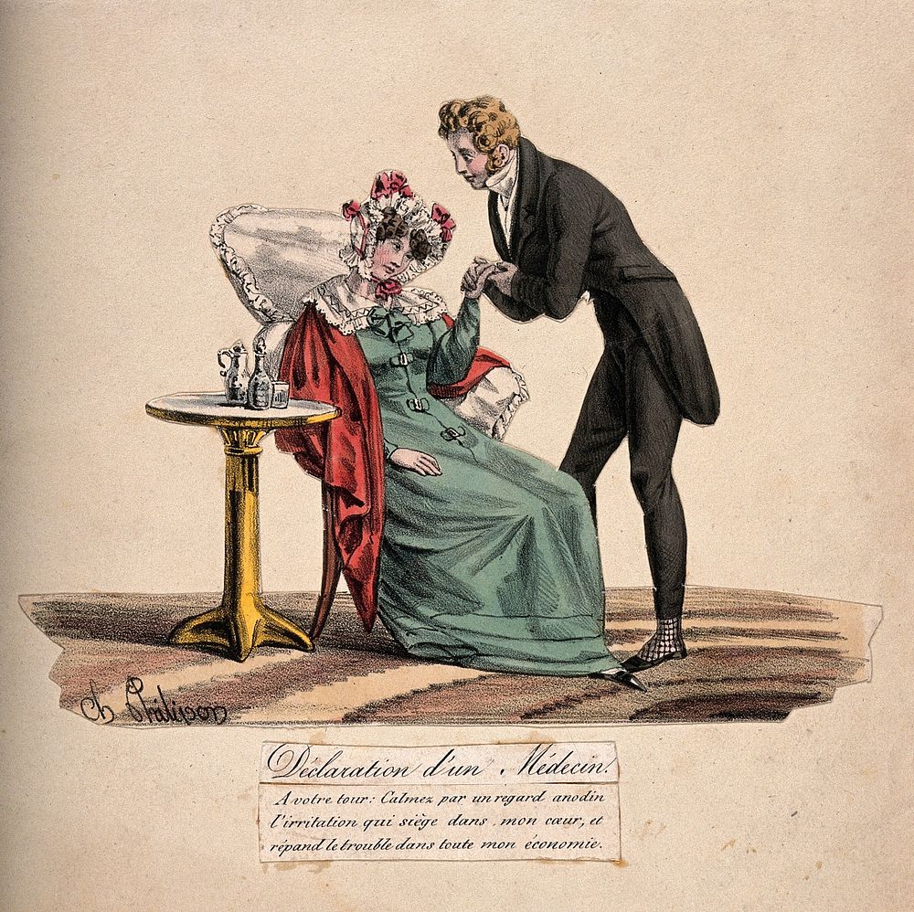 A besotted physician asks his young patient to cure him of his heartache. Coloured lithograph after C. Philipon, c. 1830.