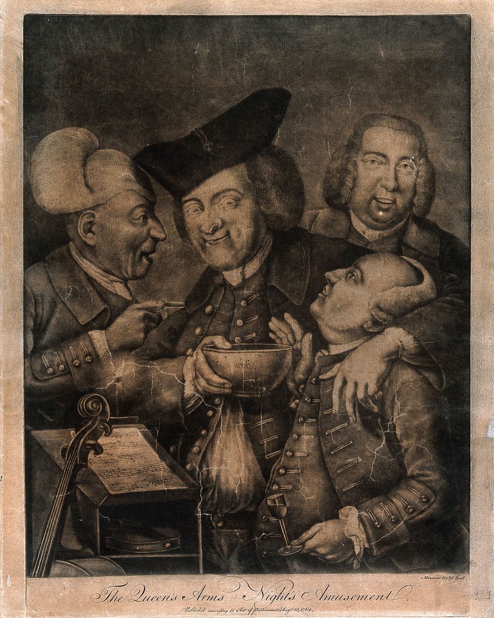 Four jovial gentlemen in a tavern, one holds a bowl to the face of his drunk companion. Mezzotint by Maucourt, c. 1764…