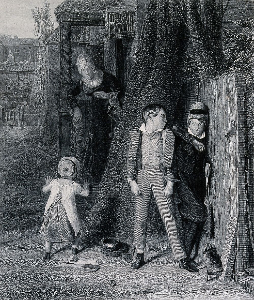 Two boys hide behind a tree from a woman who is looking for them. Engraving by C.W. Sharpe after W. Mulready.