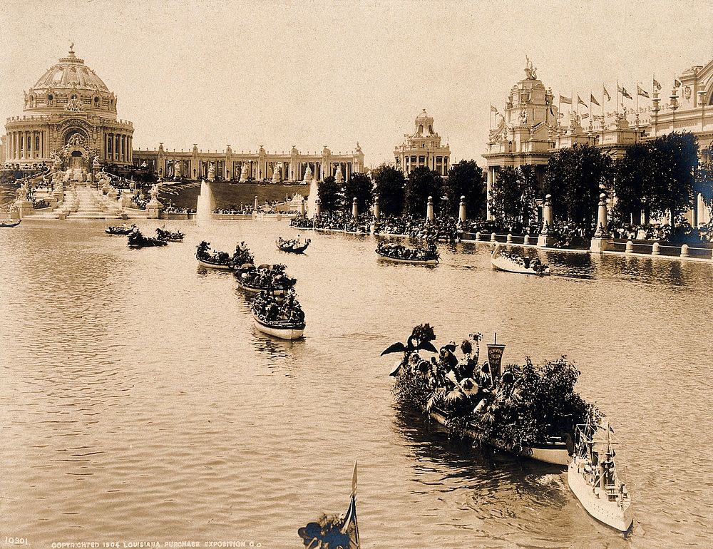 The 1904 World's Fair, St. Louis, Missouri: the Festival Hall with gondolas and a swan-boat on the Grand Basin. Photograph…
