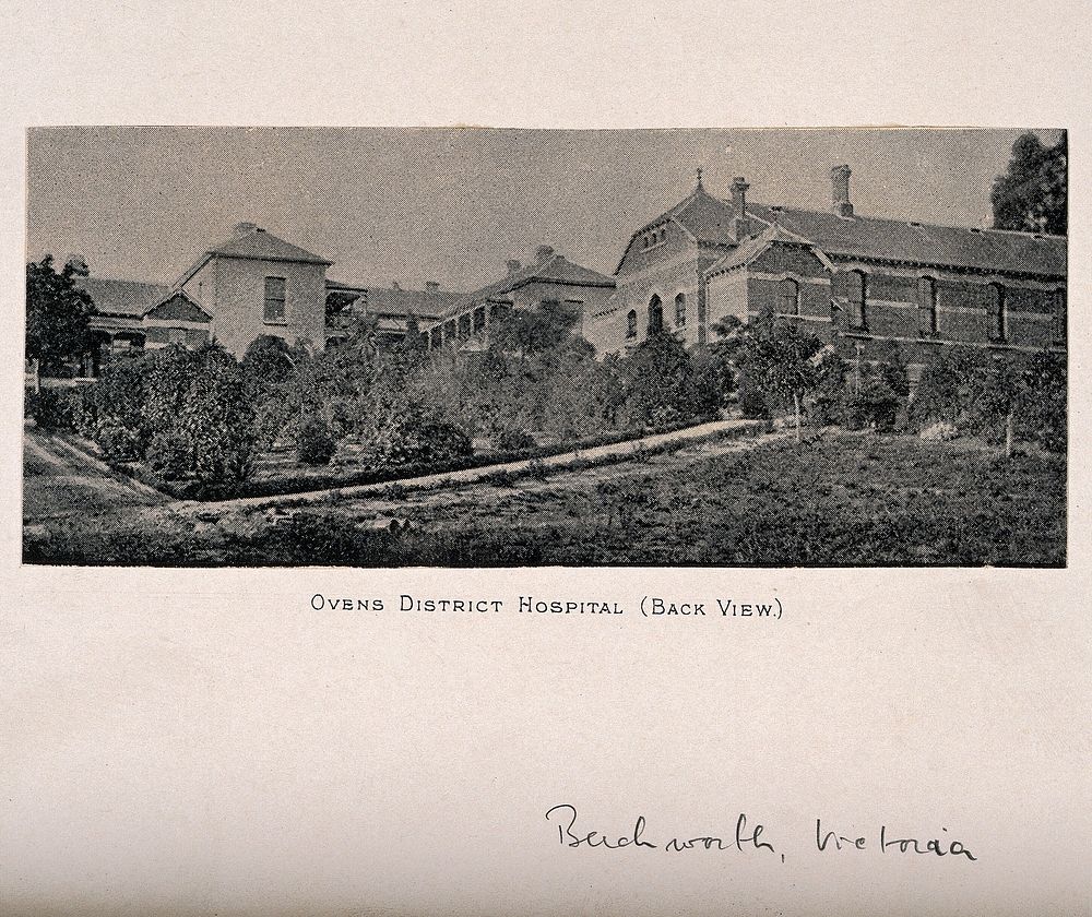 Ovens district hospital (back view), Beechworth, Victoria (Australia). Process print.